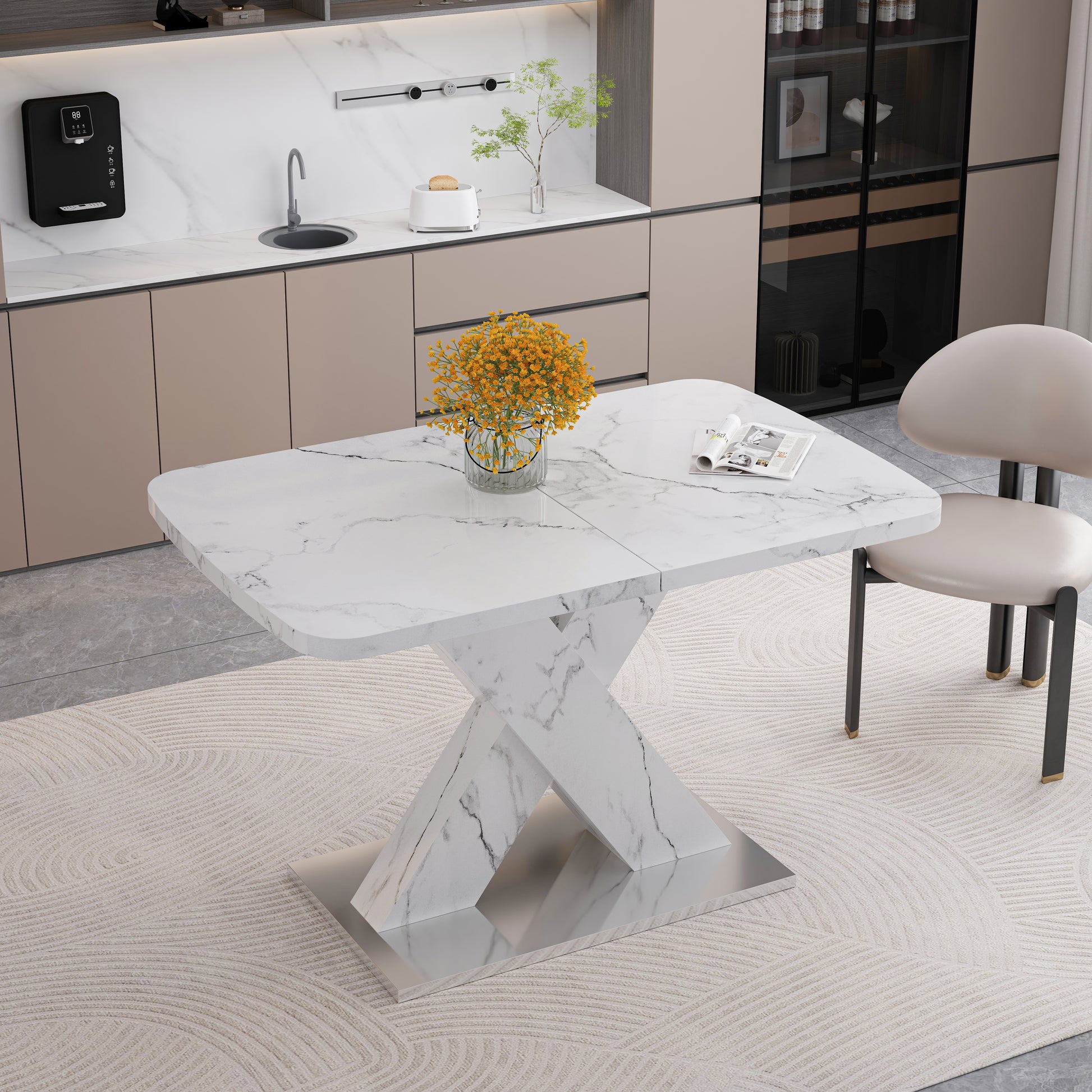 Modern white marble dining table with chrome pedestal base