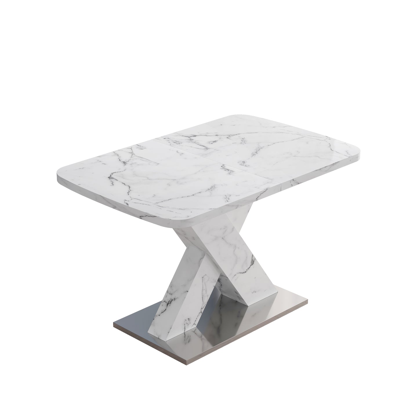 Rectangular marble dining table with modern Xbase and chrome leg