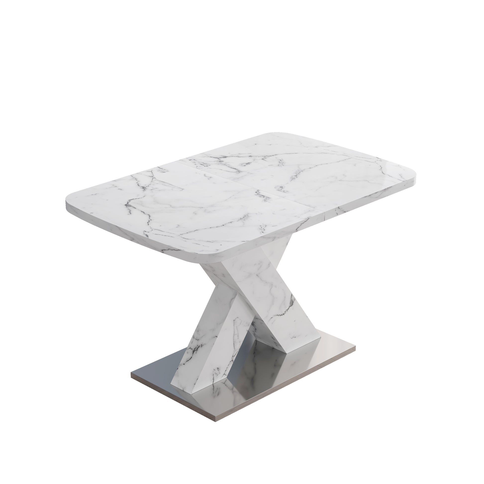 Rectangular marble dining table with modern Xbase and chrome leg