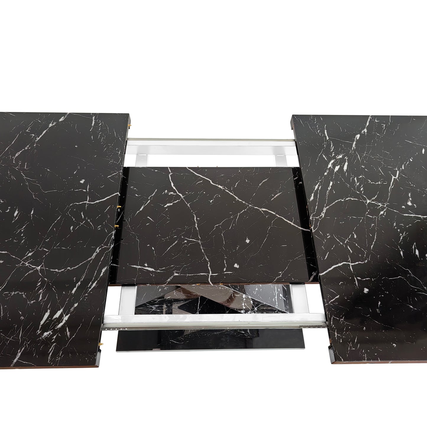 Black marble dining table with extension mechanism visible