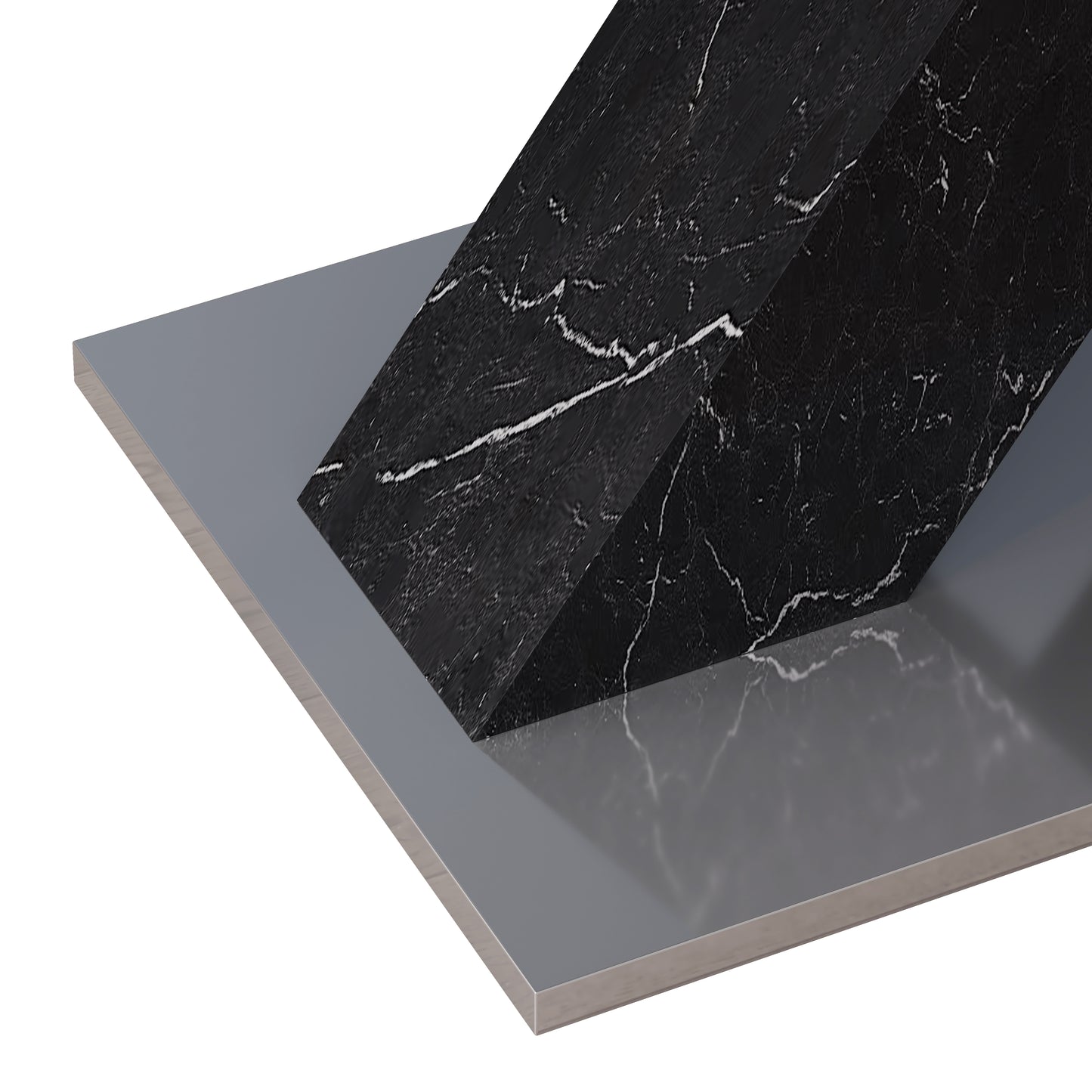 Black marble geometric sculpture on a grey base