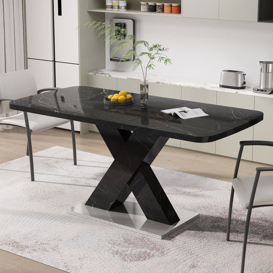 Black marble dining table with Xshaped base