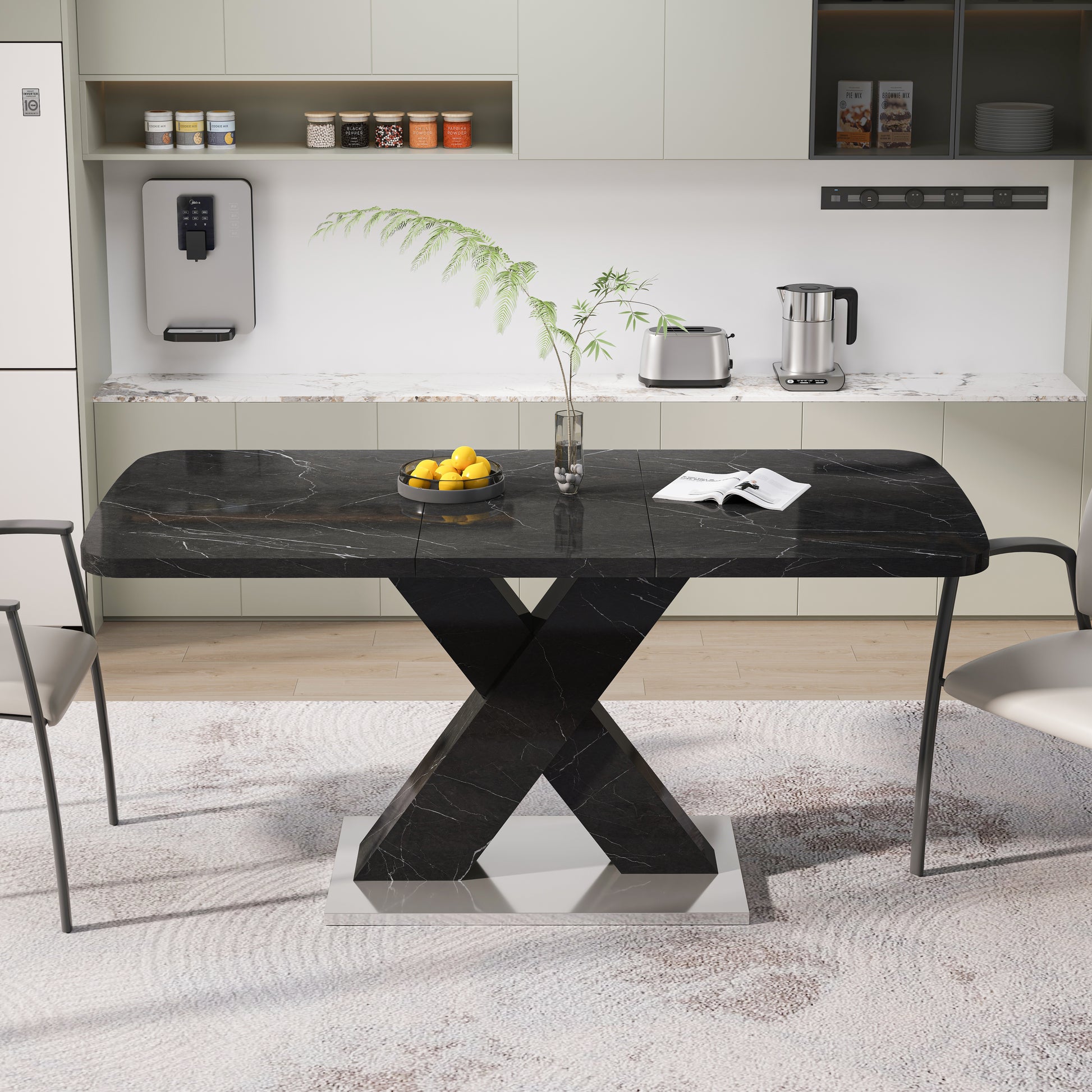 Black marble dining table with unique Xshaped base and chrome accent