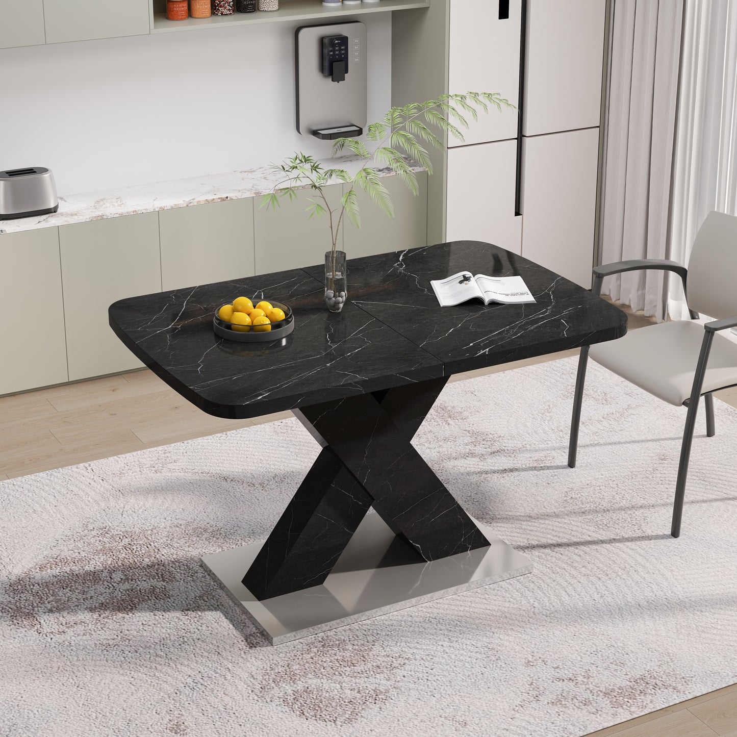 Black marble dining table with a modern X pedestal base