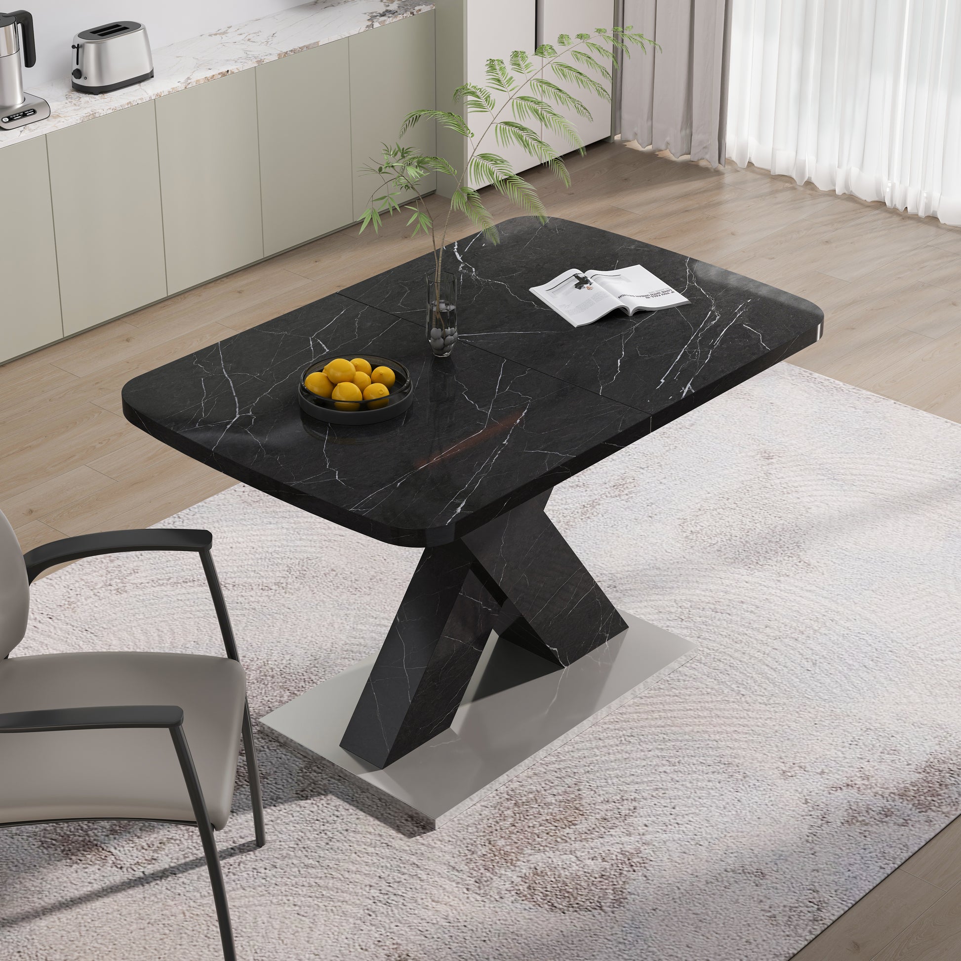 Black marble dining table with a modern pedestal base