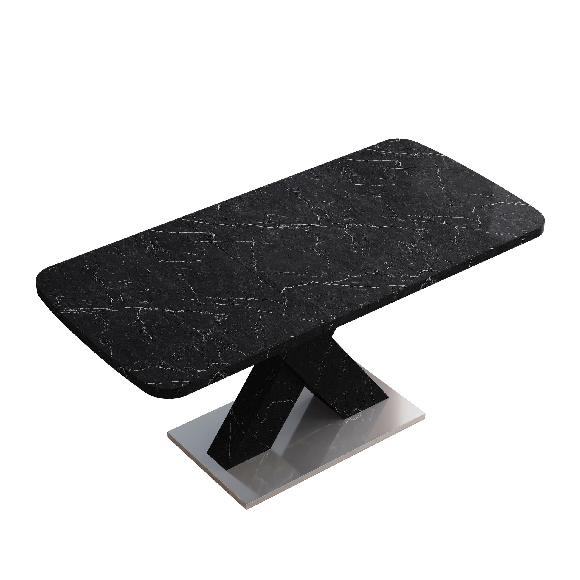 Rectangular black marble dining table with Xshaped pedestal base