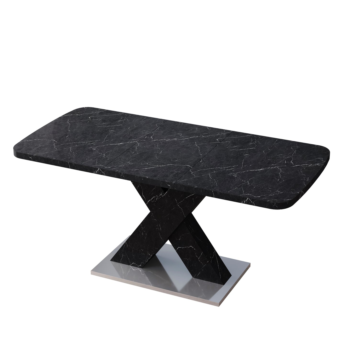 Rectangular black marble dining table with a pedestal base