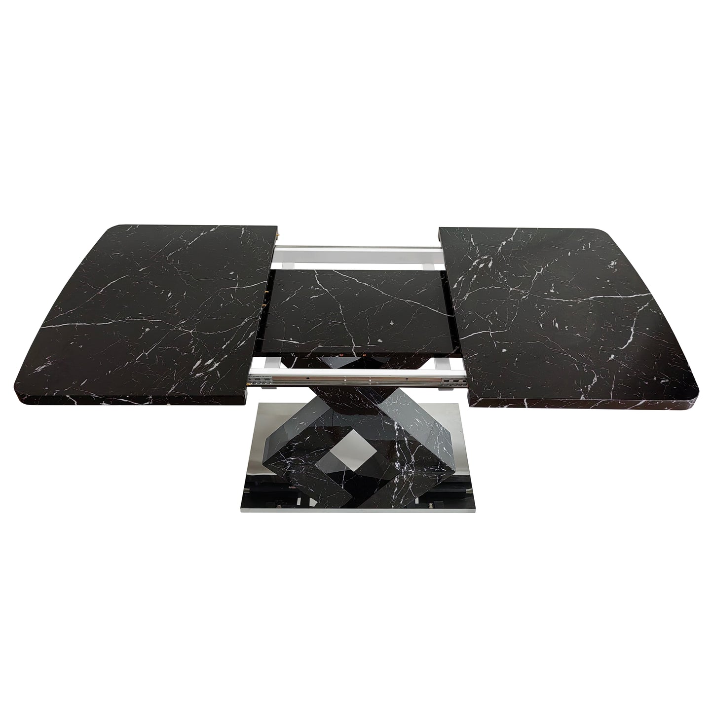 Black marble dining table with extendable leaves and geometric base