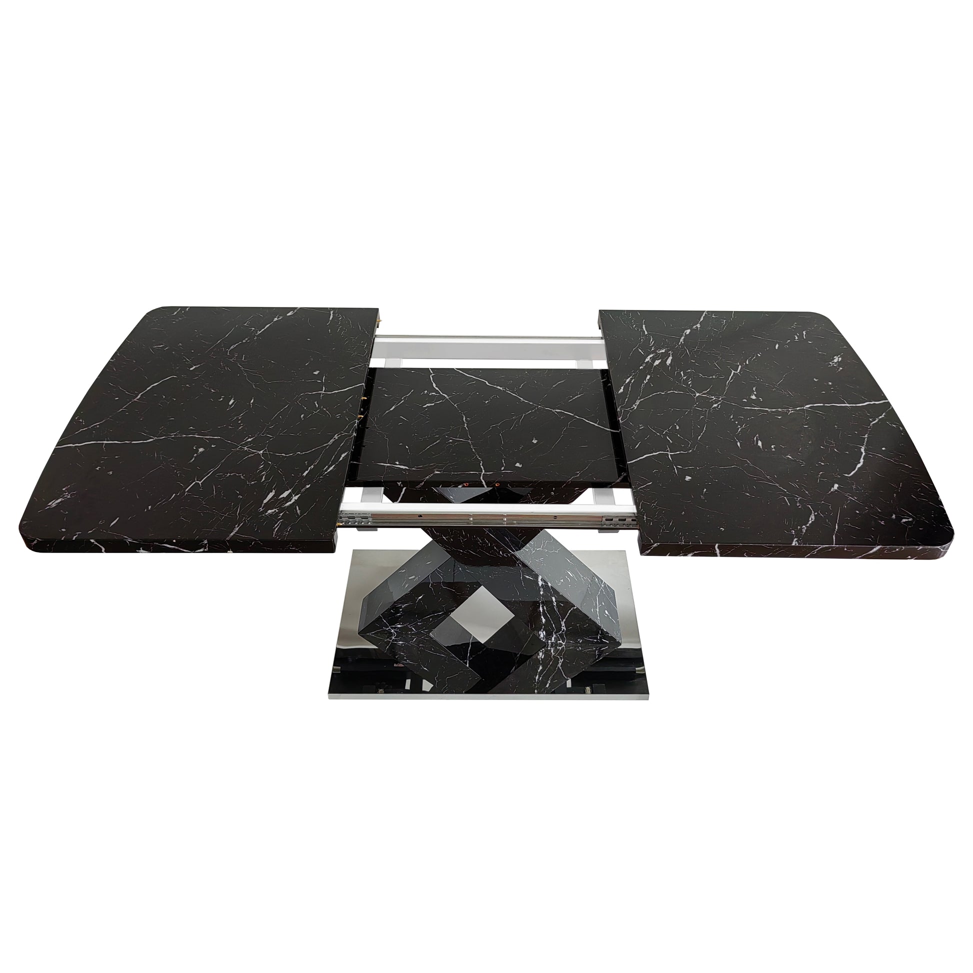 Black marble dining table with extendable leaves and geometric base