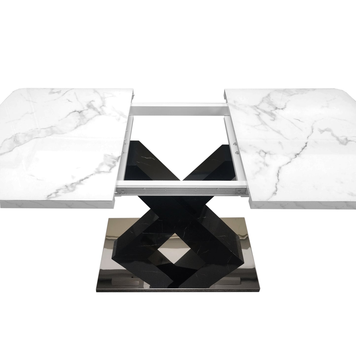 White marble extendable dining table with black geometric pedestal base