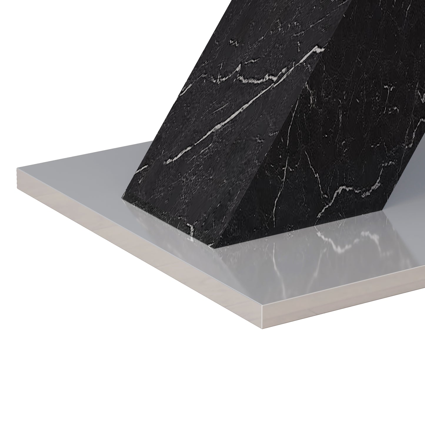 Black marble cube with white veining on a brushed silver rectangular base