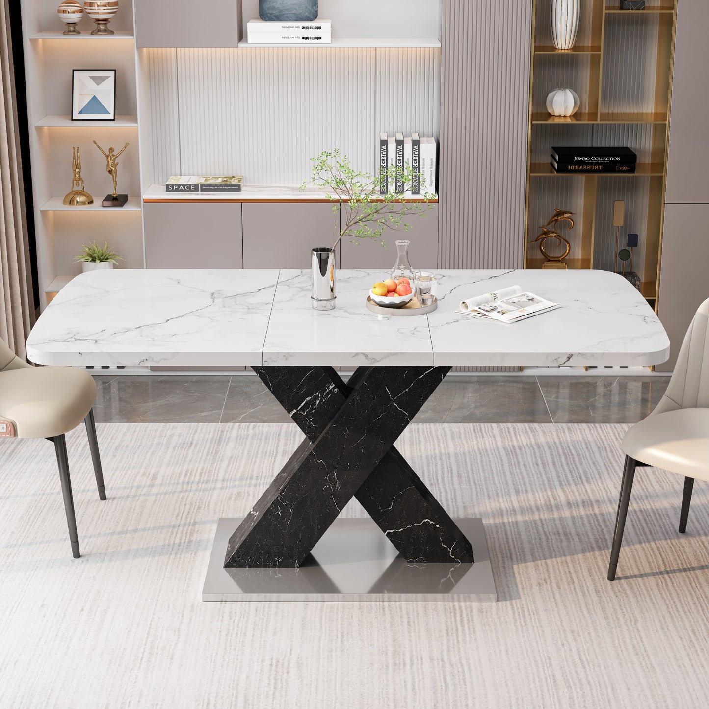 White marble dining table with a black crisscross pedestal base
