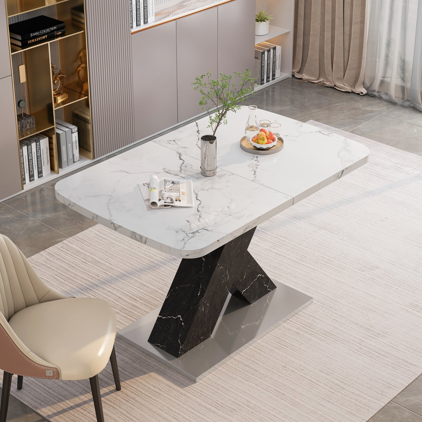 White marble dining table with black Xbase