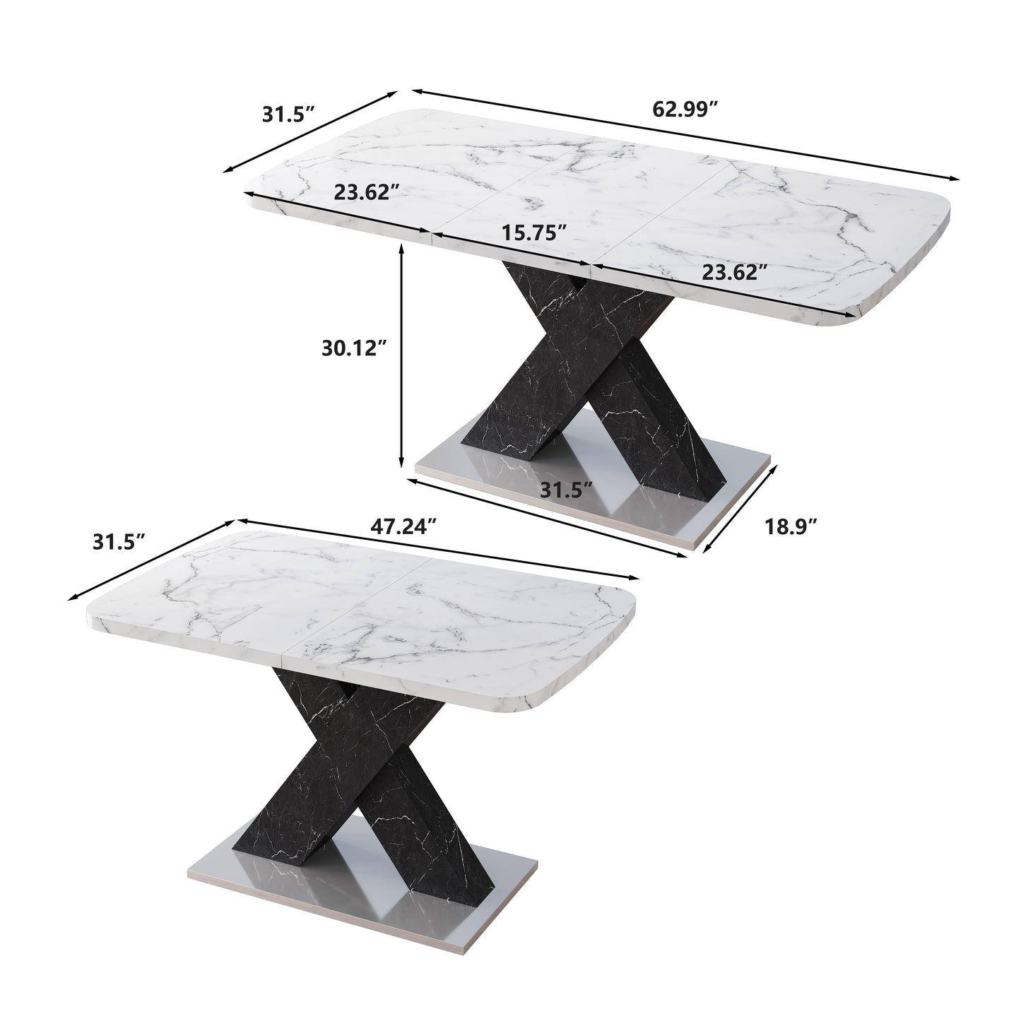 Marble dining table with black Xshaped pedestal base