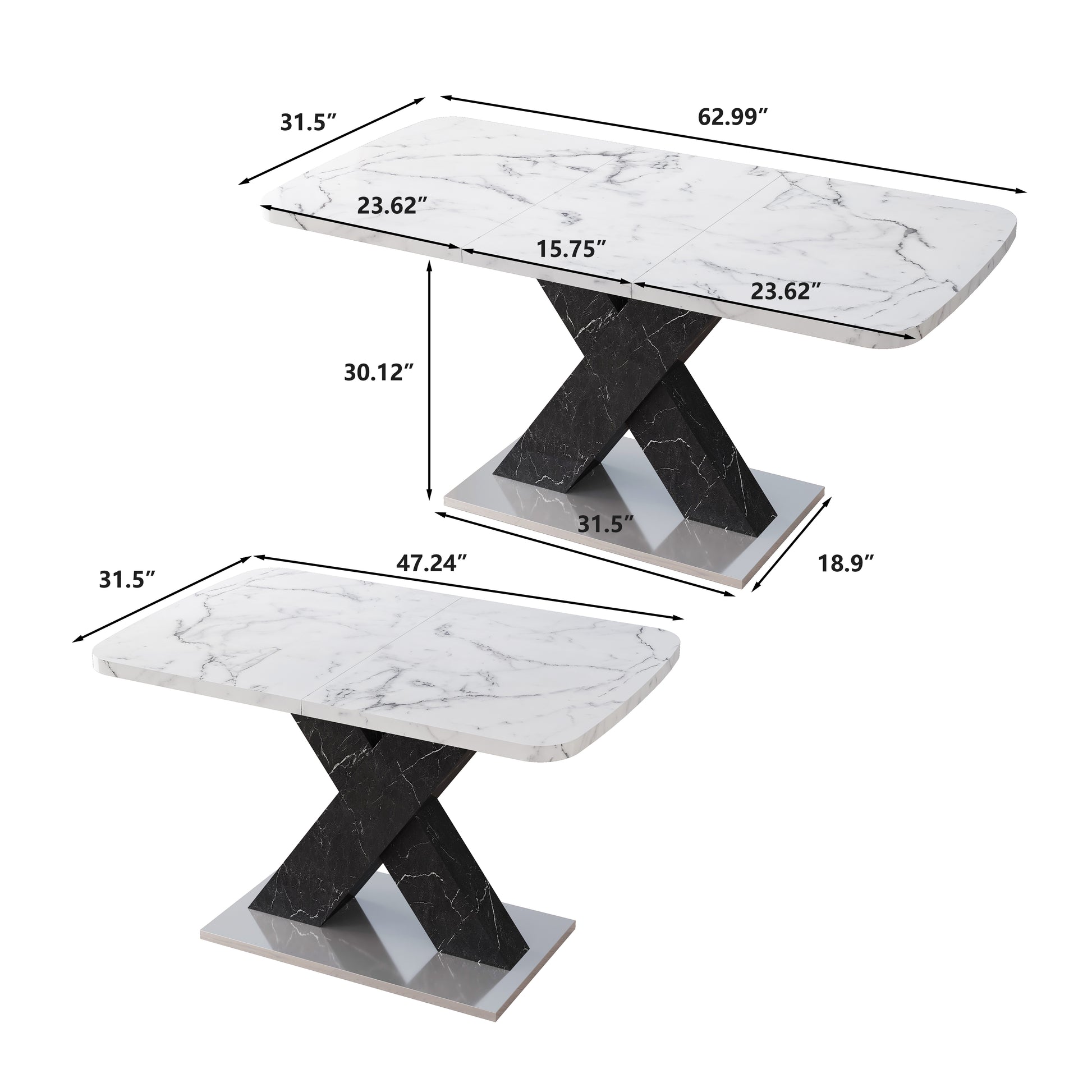 Marble dining table with black Xshaped pedestal base