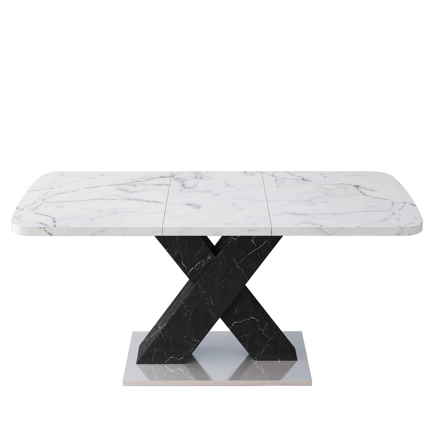 Modern extendable dining table with white marble top and black pedestal base