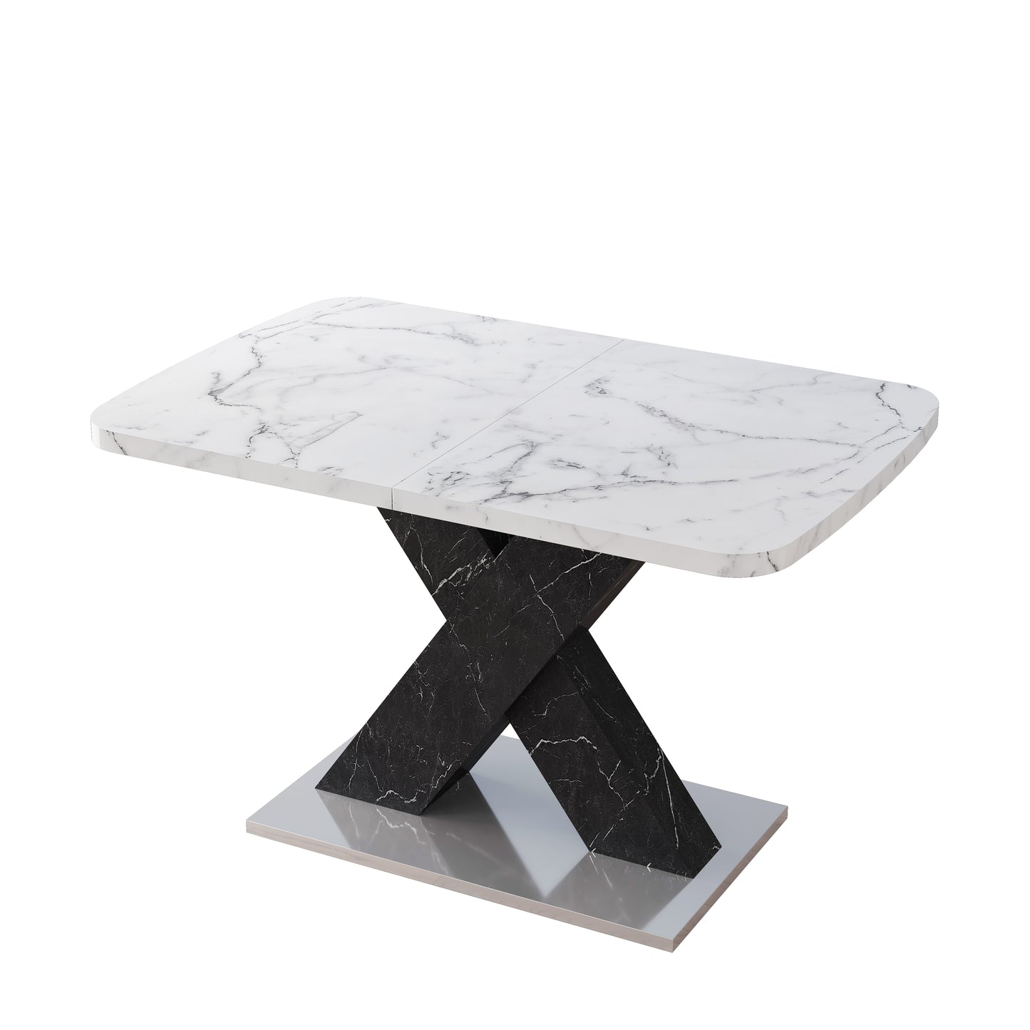 Marble dining table with a modern black pedestal base