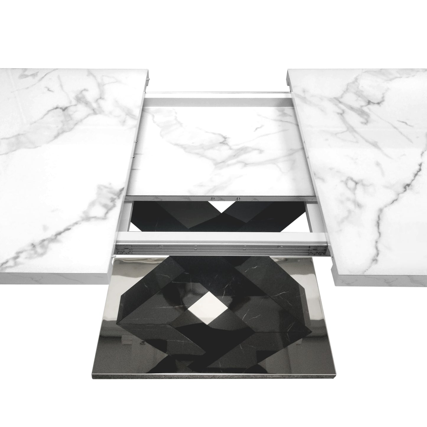 White marble extendable dining table with dark geometric inlay