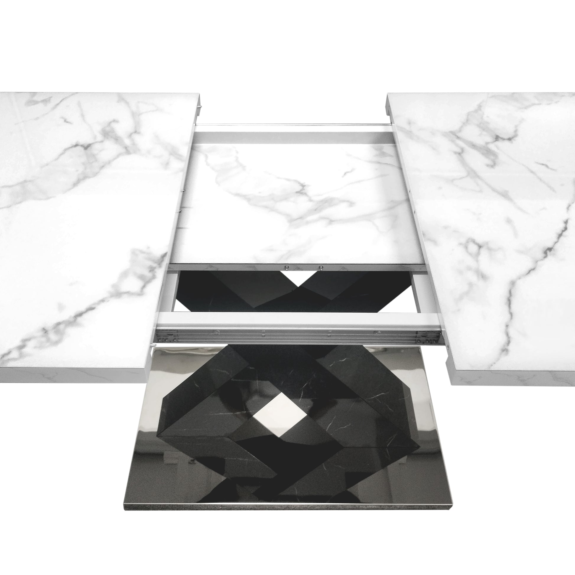 White marble extendable dining table with dark geometric inlay