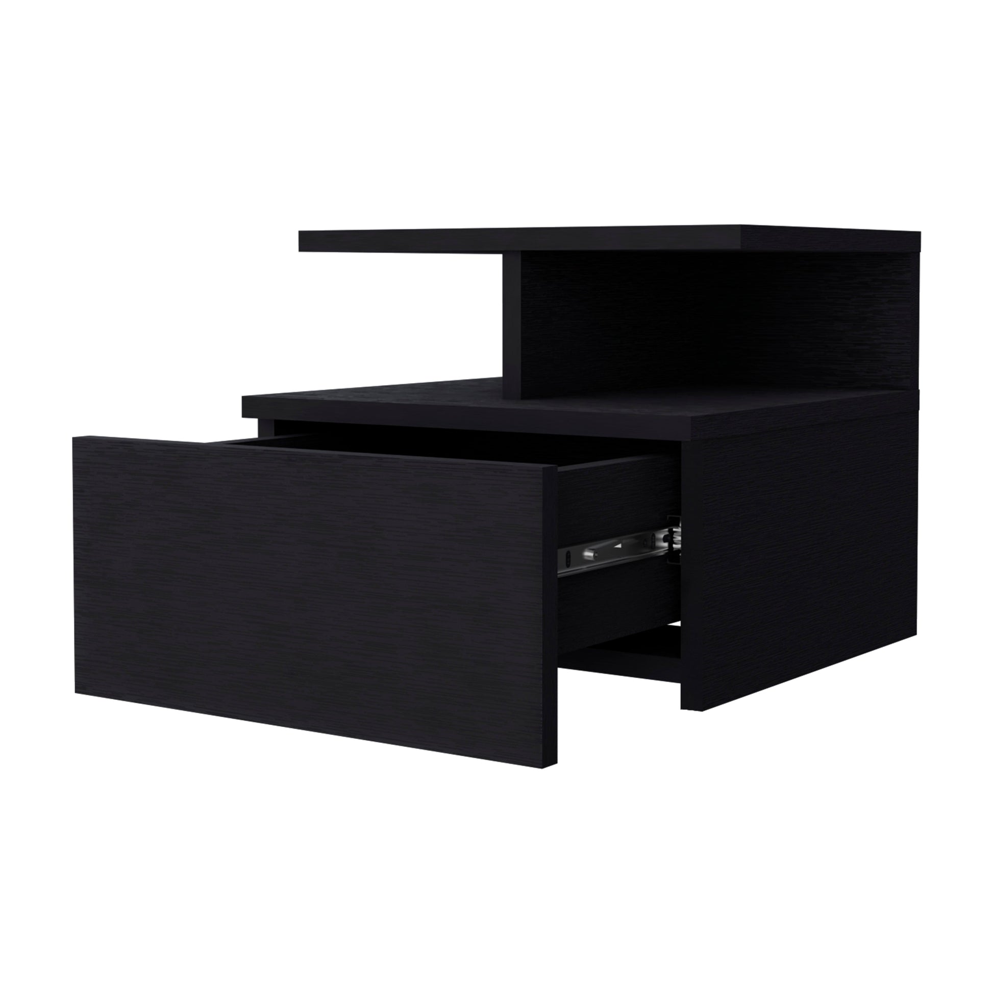 Sleek black nightstand with open drawer and modern floating shelf design