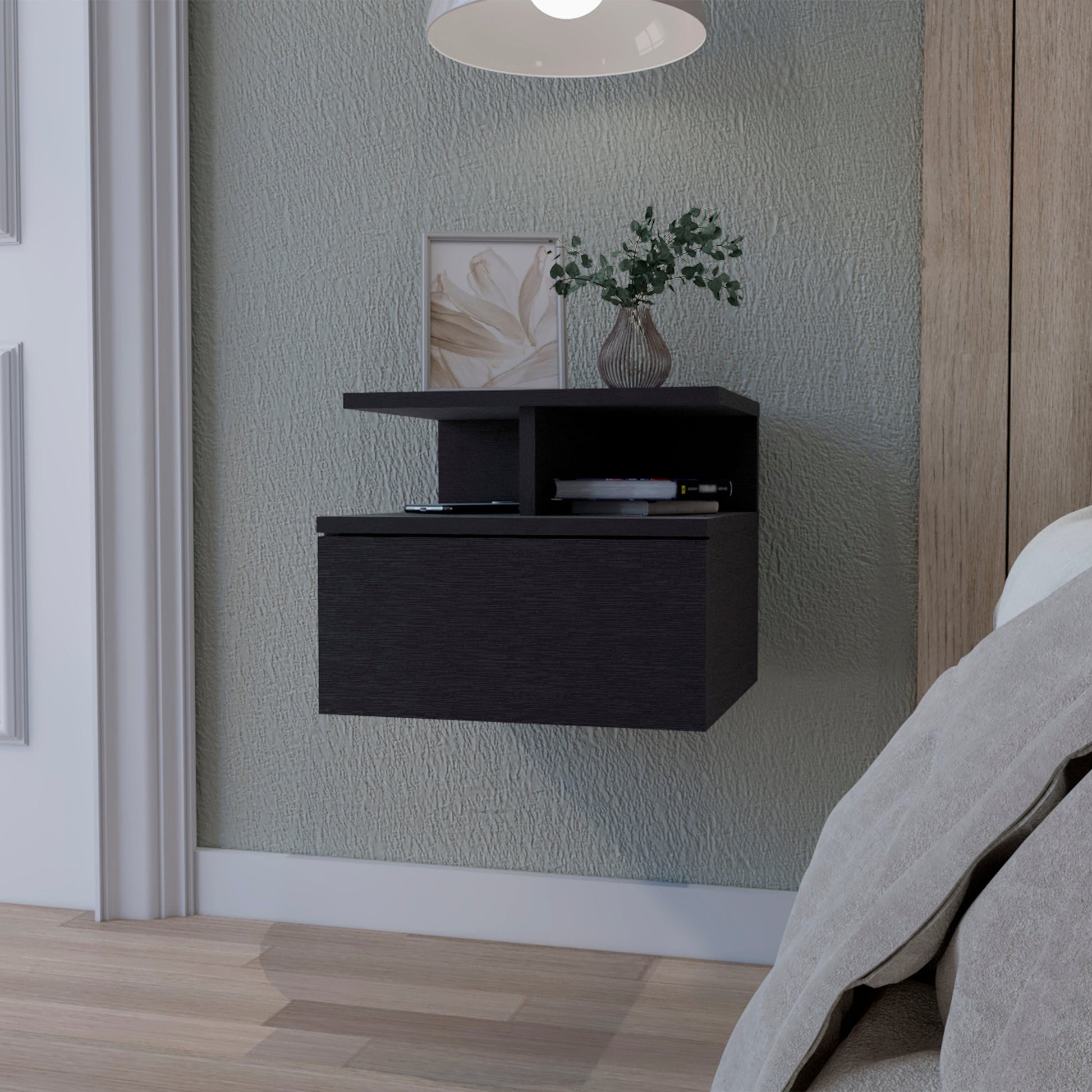 Dark oak modern wall mounted nightstand with drawer and open shelf