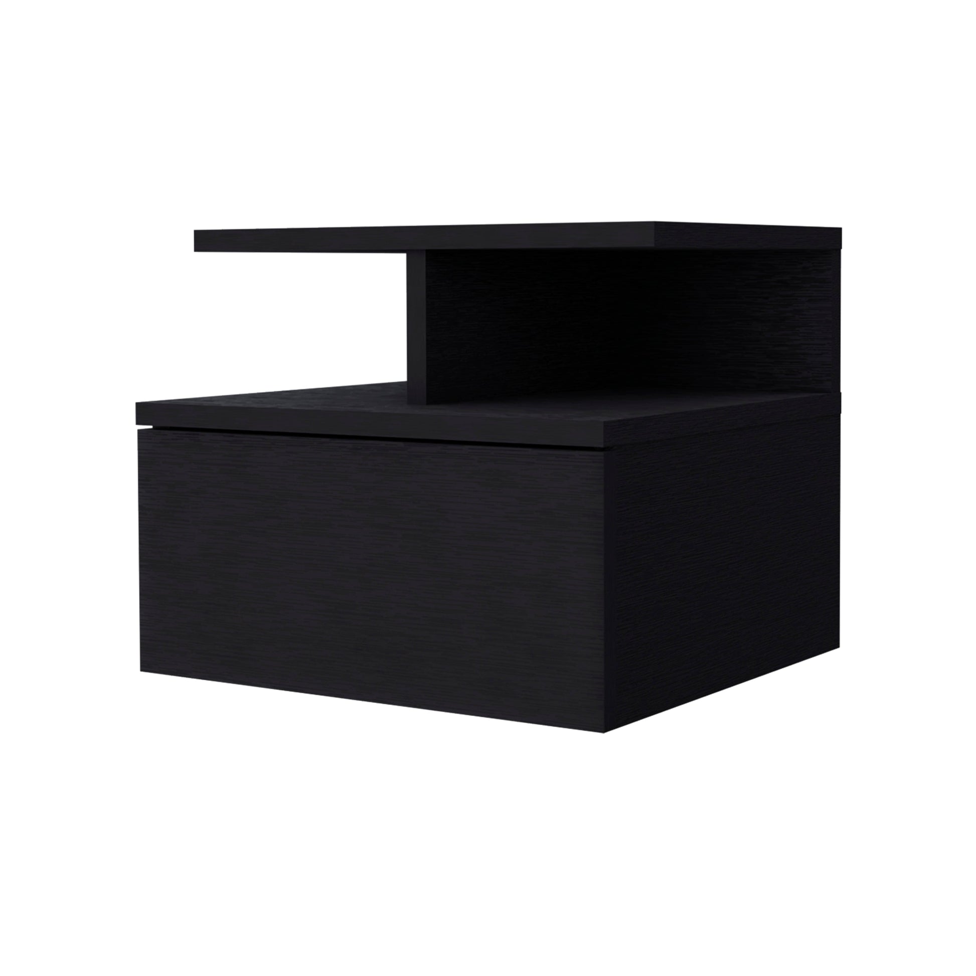 Modern black floating nightstand with one drawer and an open shelf