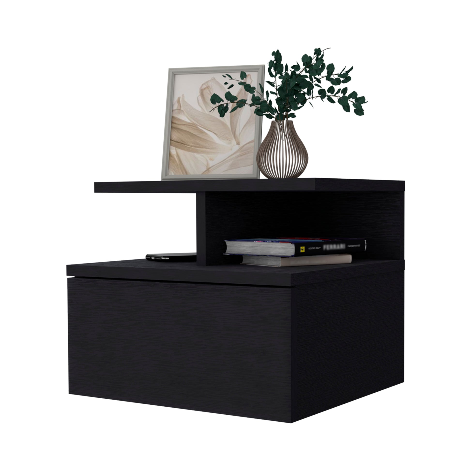 Modern black nightstand with drawer and open shelf