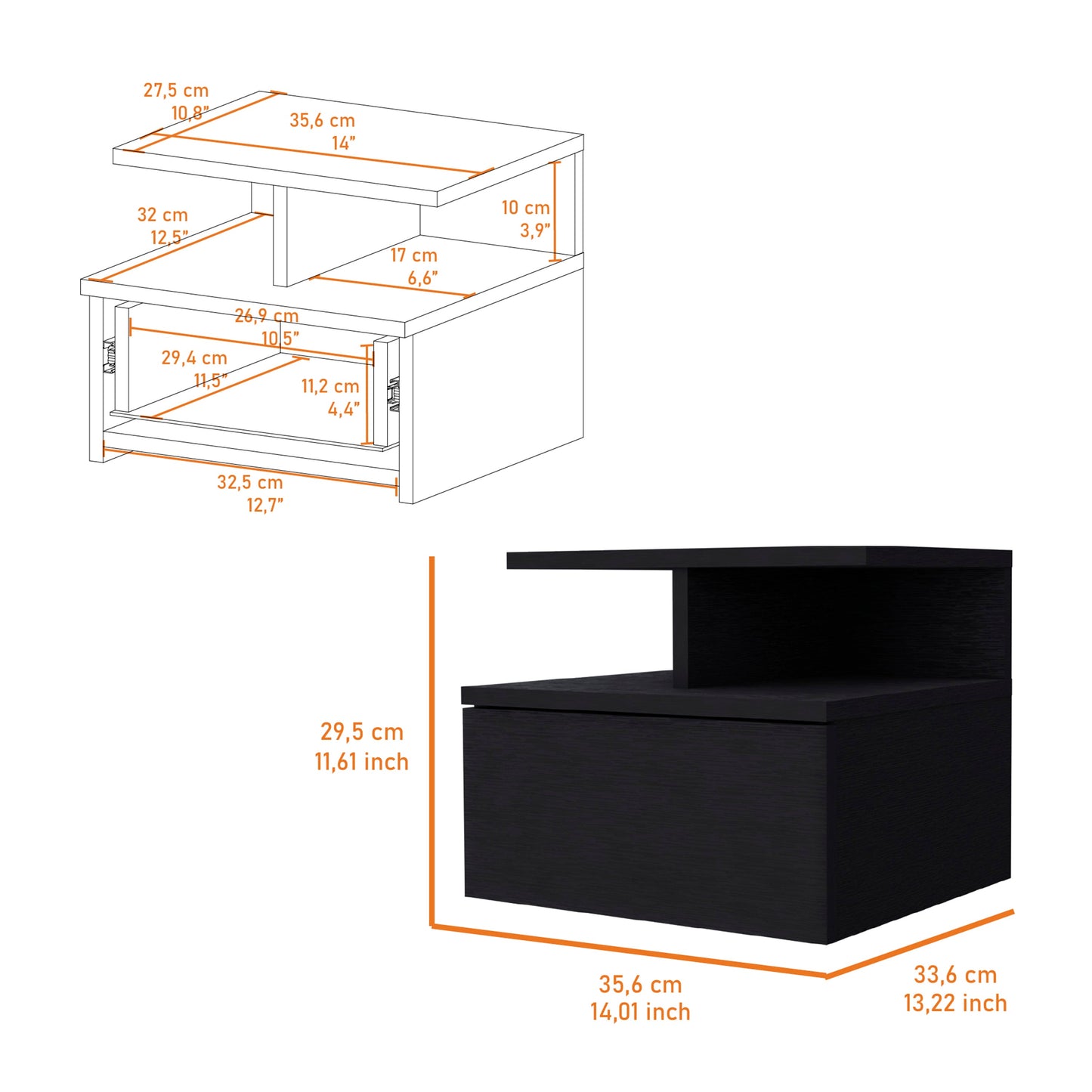 Black modern bedside table with one drawer
