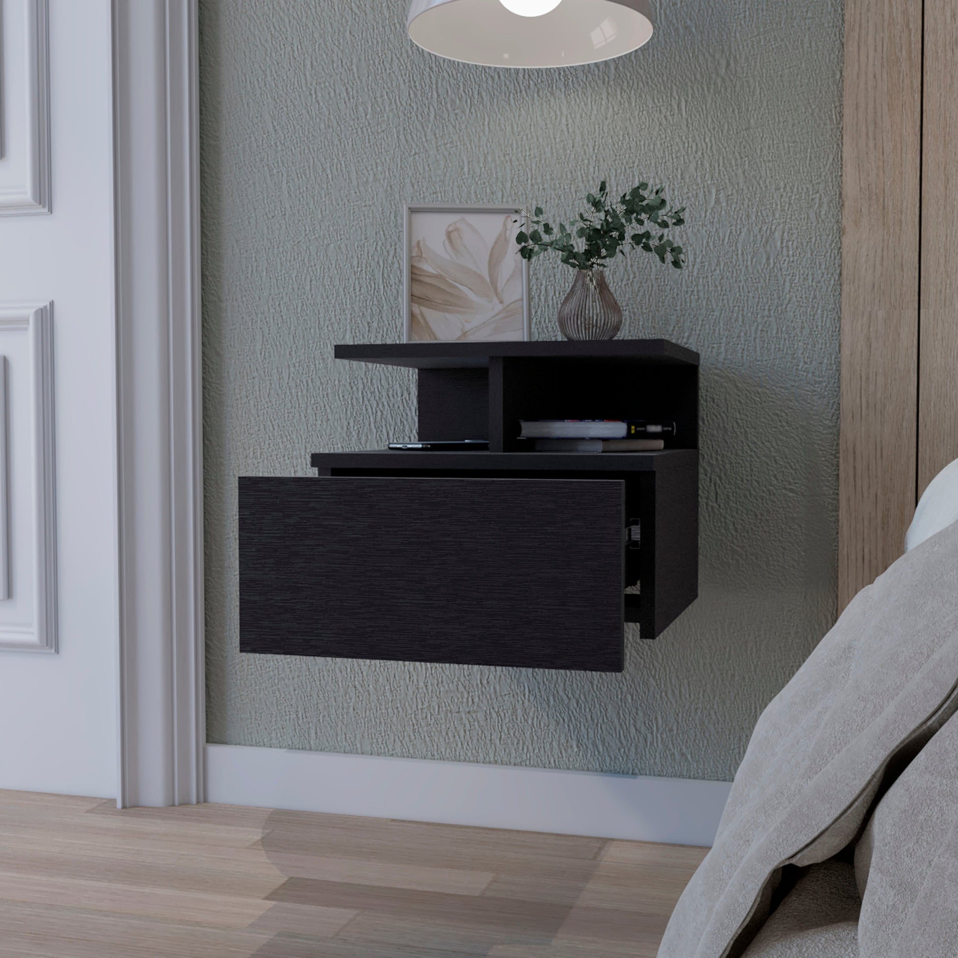 Modern black floating nightstand with one drawer and open shelving