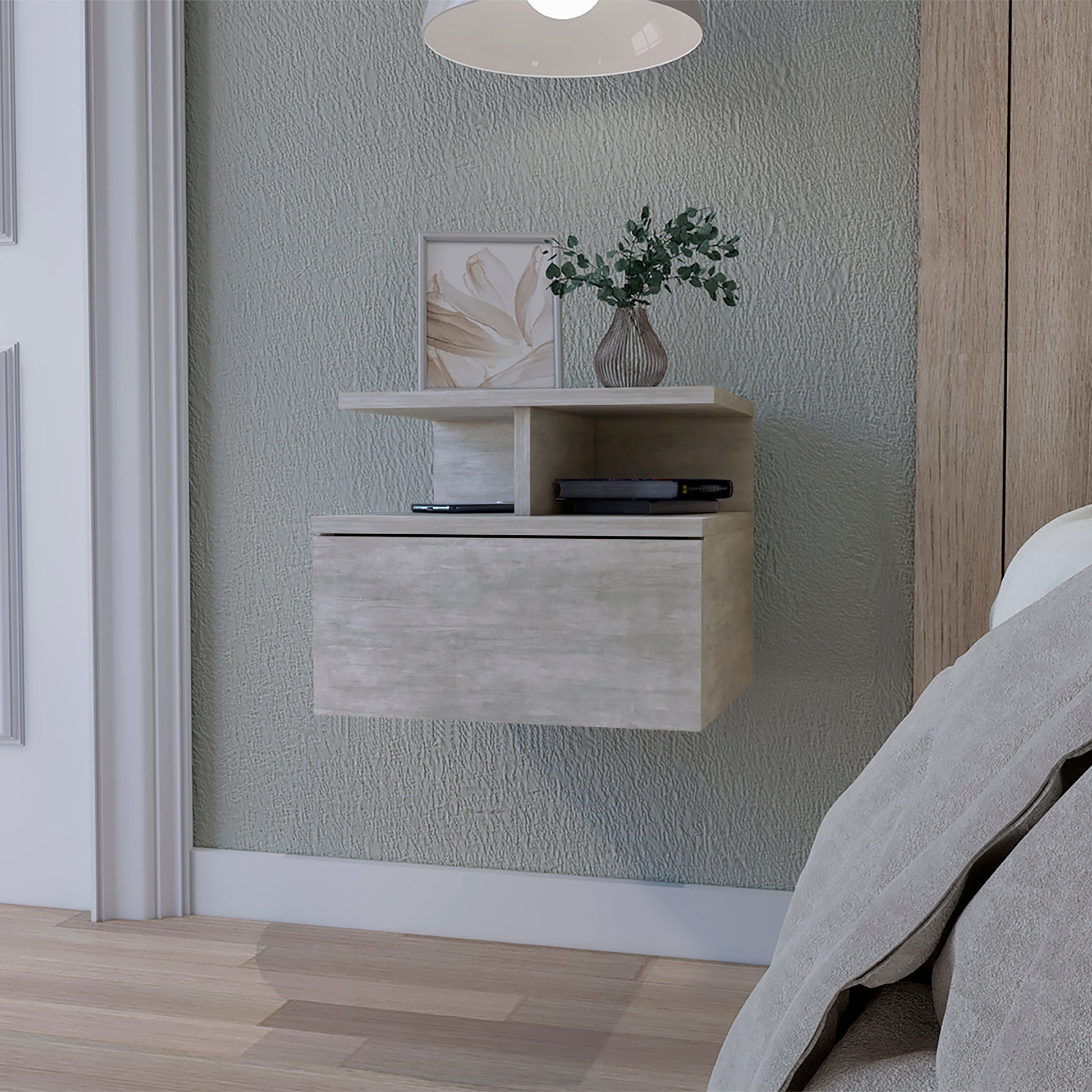 Floating bedside cabinet with a textured light grey finish and one drawer