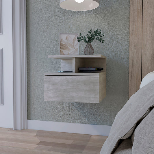 Floating bedside cabinet with a textured light grey finish and one drawer