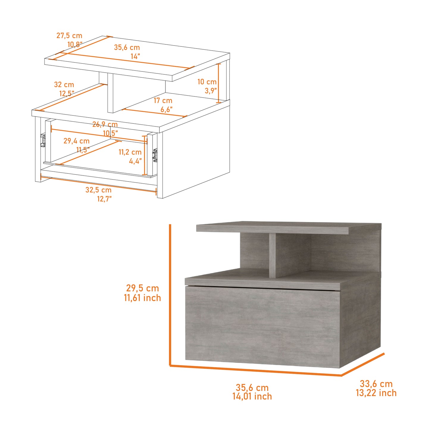 Gray modern bedside table with one drawer and open shelving