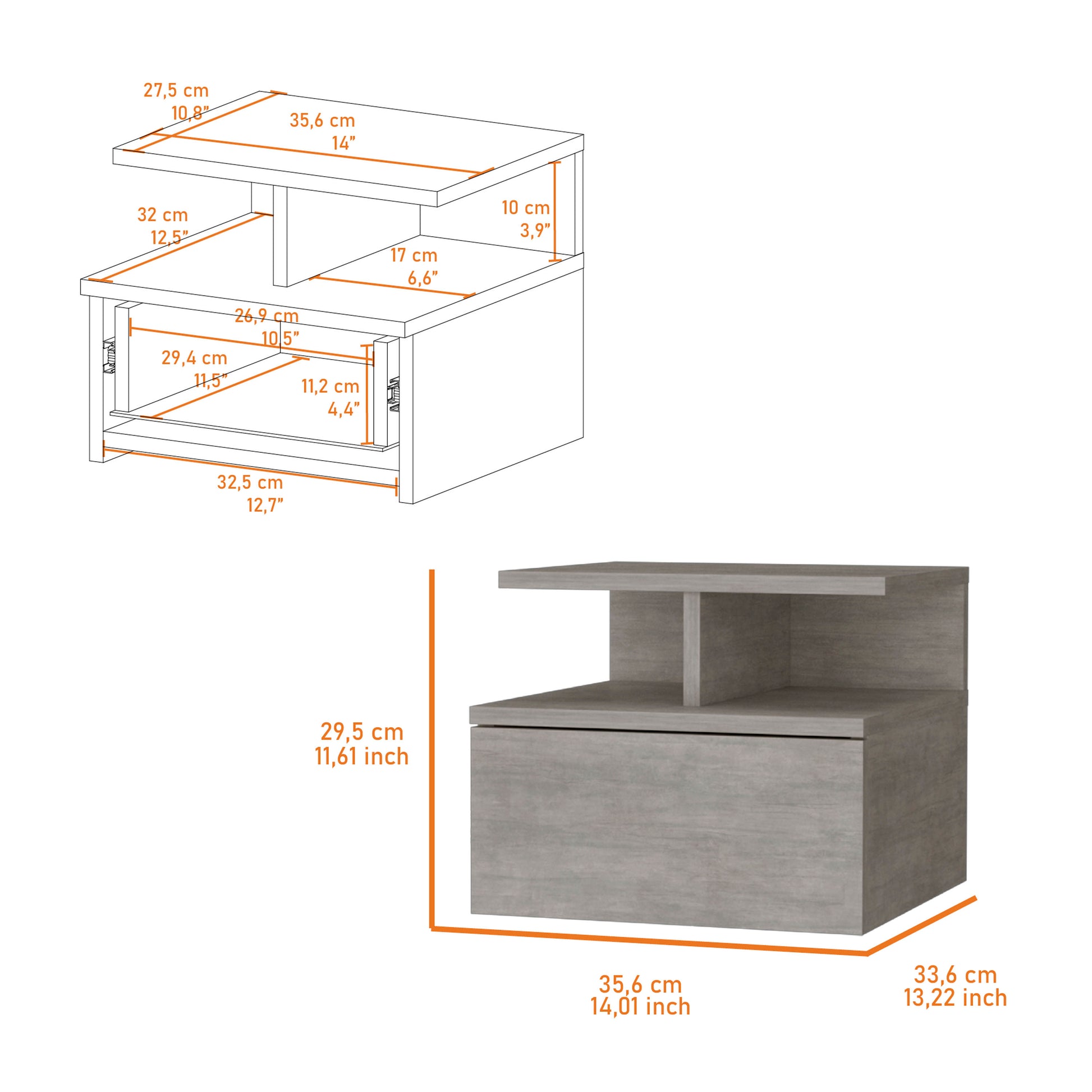 Gray modern bedside table with one drawer and open shelving