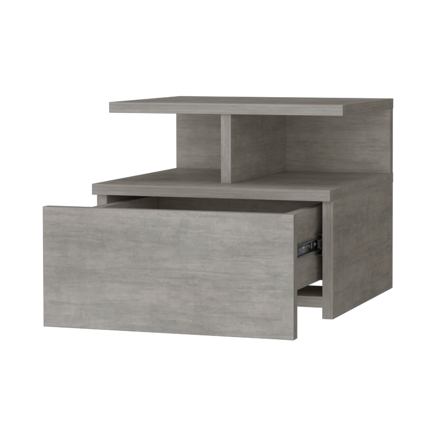 Gray wood grain nightstand with one open drawer