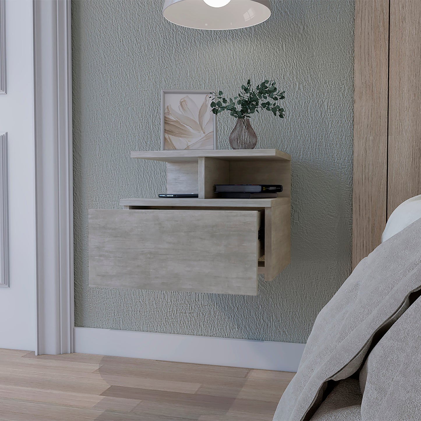 Light oak floating bedside table with open shelf and drawer