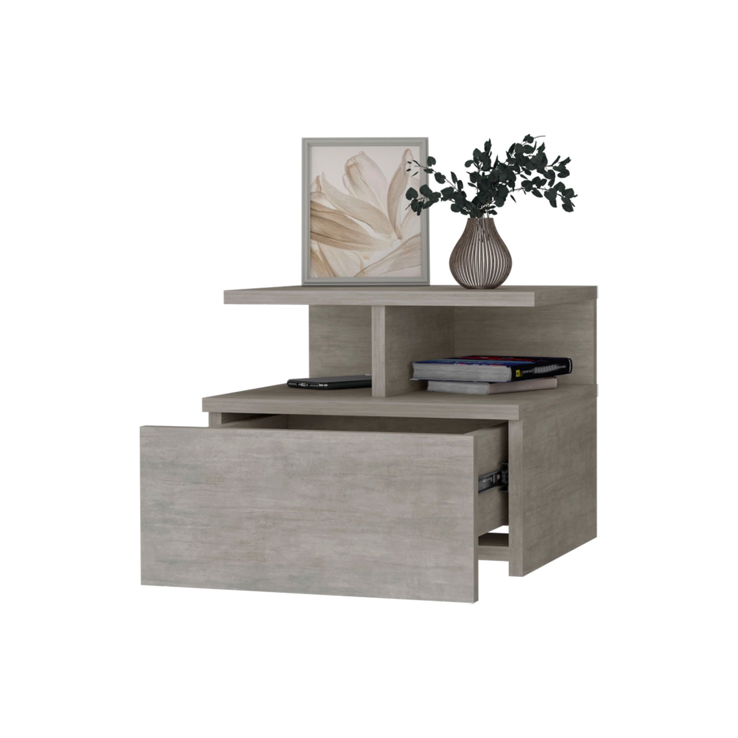 Gray wood bedside table with open drawer and top shelf holding decor