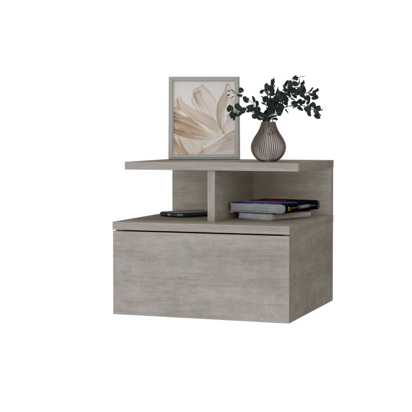 Grey wood finish nightstand with a drawer and open shelf