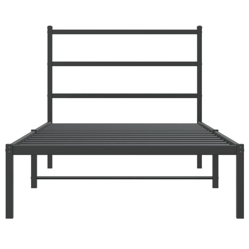Dark gray metal twin bed frame with headboard and underbed storage bins
