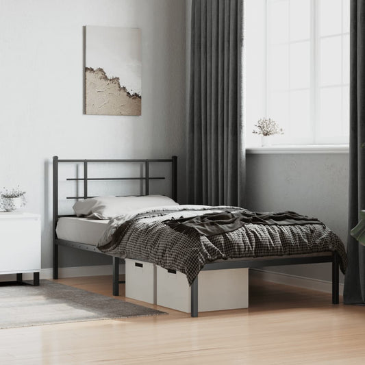 Modern black metal twin bed frame with headboard and underbed storage drawers