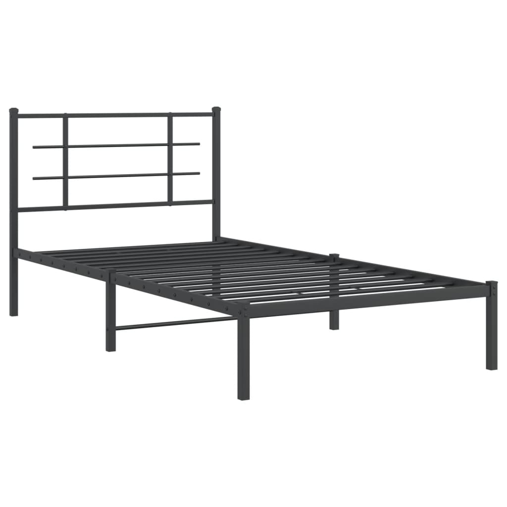 Modern black metal bed frame with minimalist headboard and patterned bedding