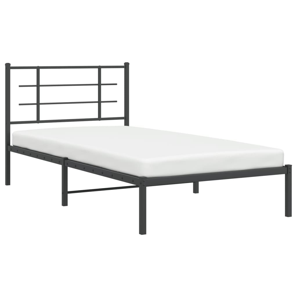 Dark gray metal bed frame with minimalist headboard and slatted base
