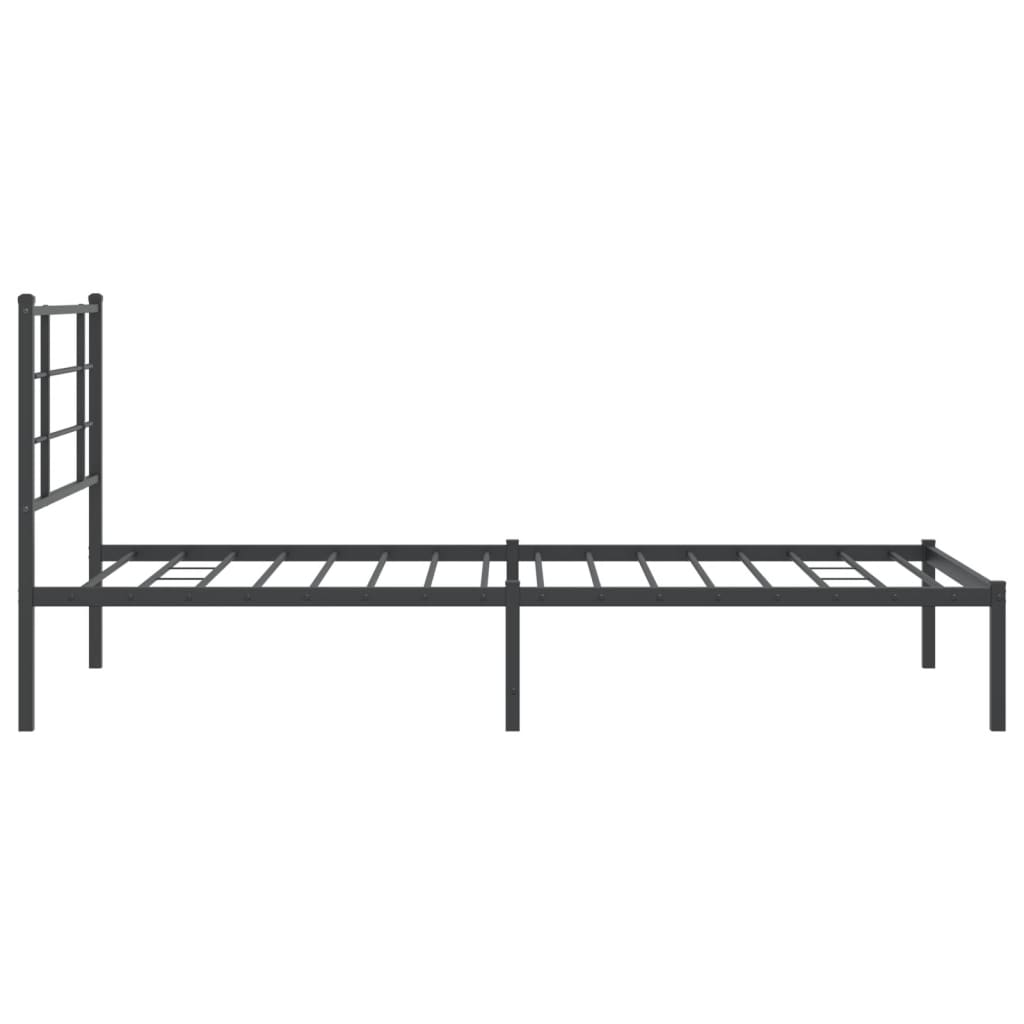 Dark grey metal twin bed frame with simple horizontal headboard slats