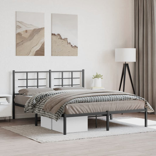 Black metal platform bed frame with a gridstyle headboard