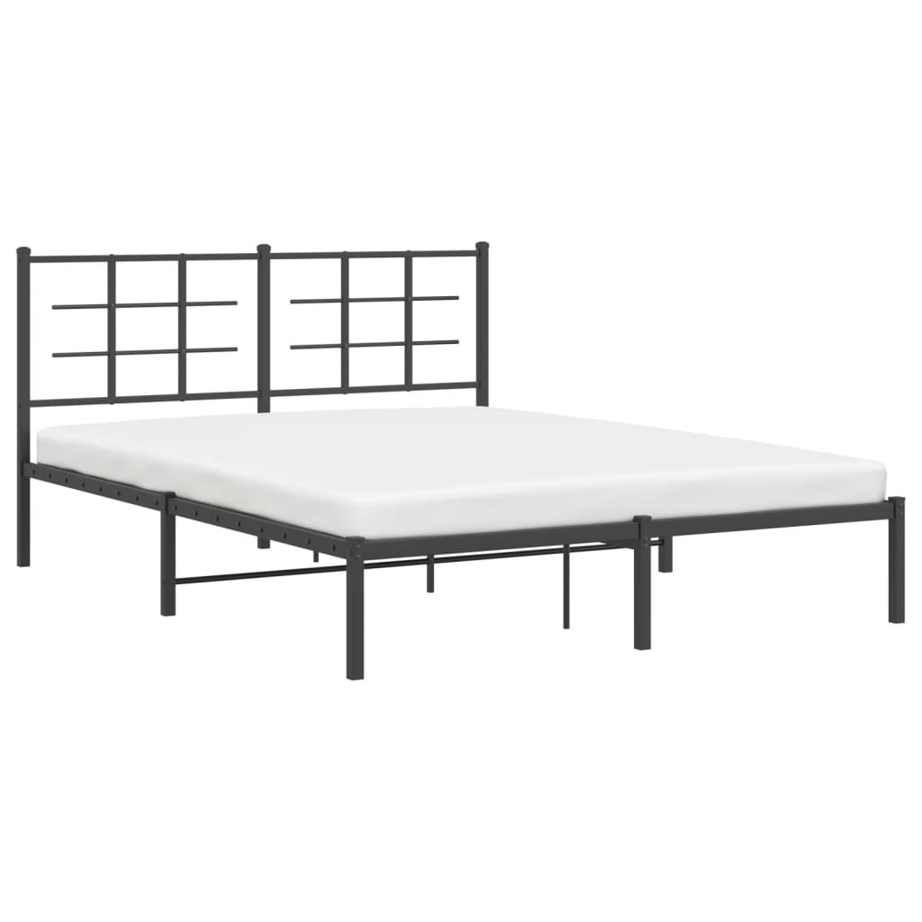 Black metal bed frame with a double crossbar headboard and slatted base