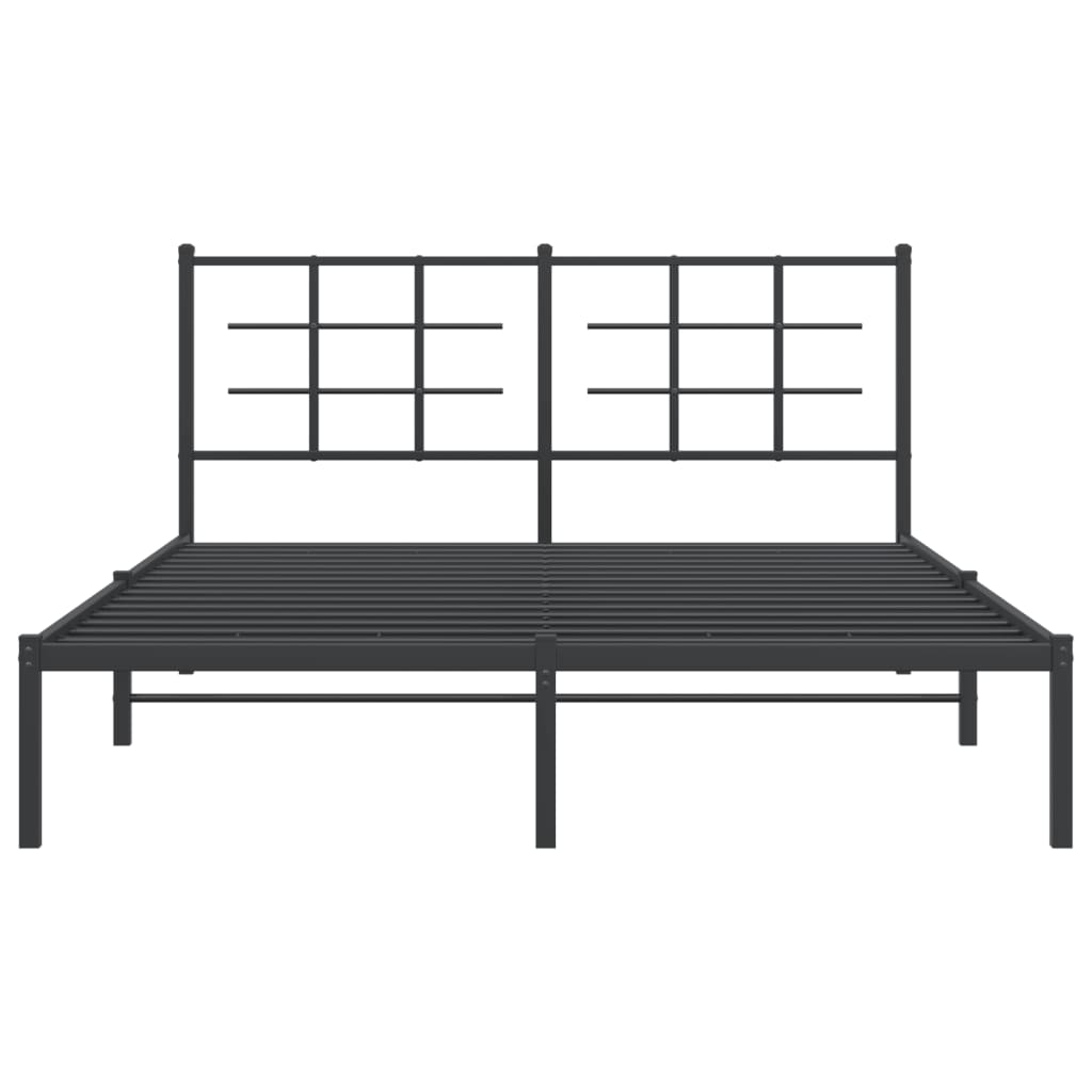 Modern black metal bed frame with grid headboard and white mattress