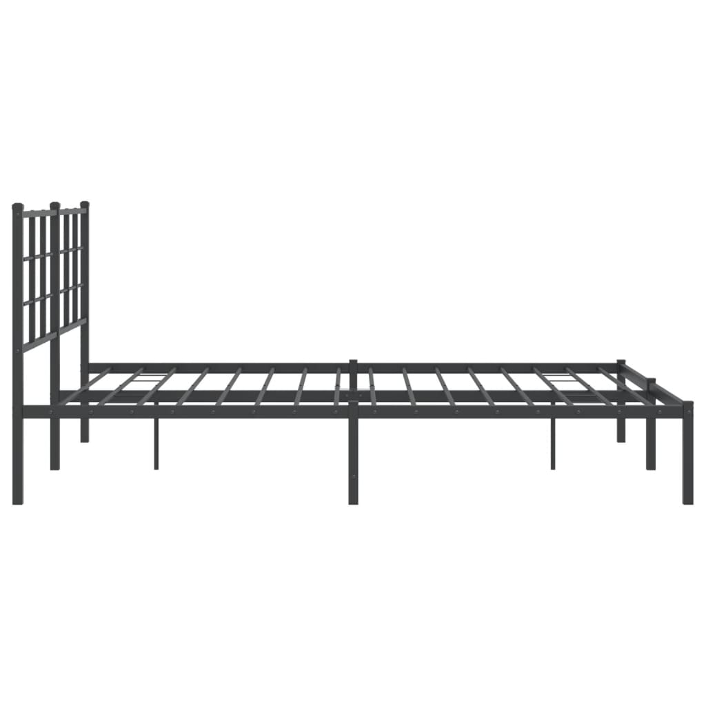 Dark gray metal platform bed frame with a modern grid headboard