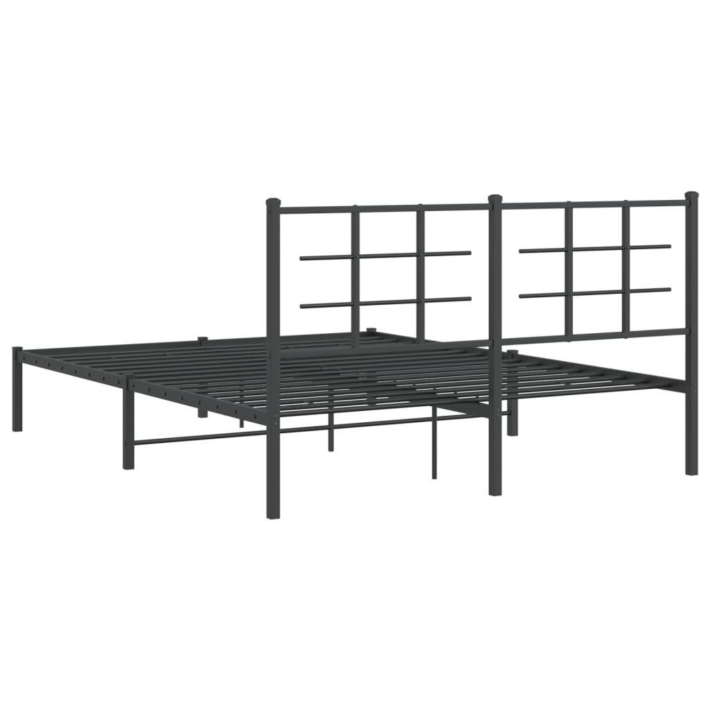 Modern black metal bed frame with a rectangular headboard and slatted base