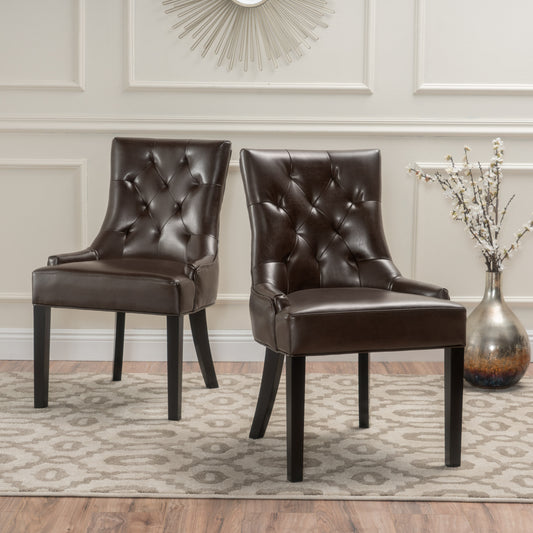 Tufted dark brown faux leather dining chair with button accents