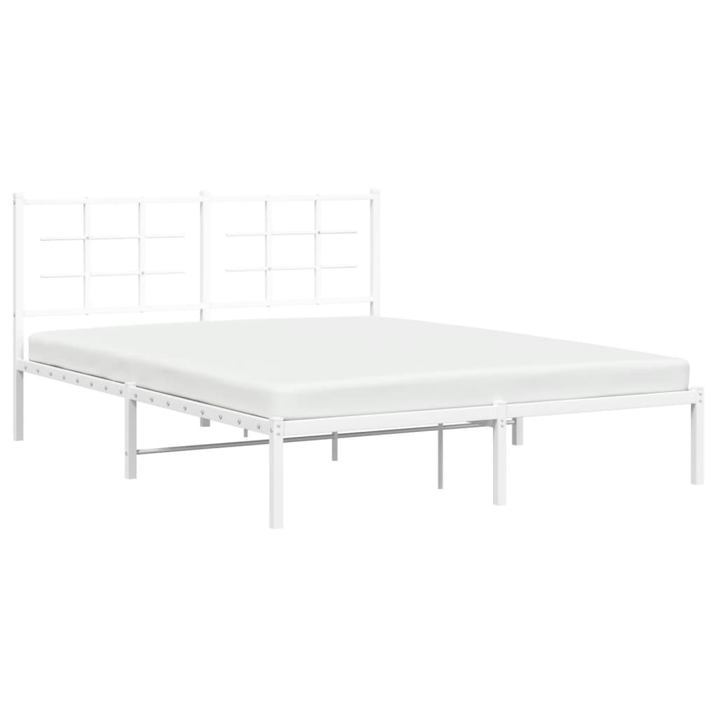 White metal bed frame with a modern grid headboard