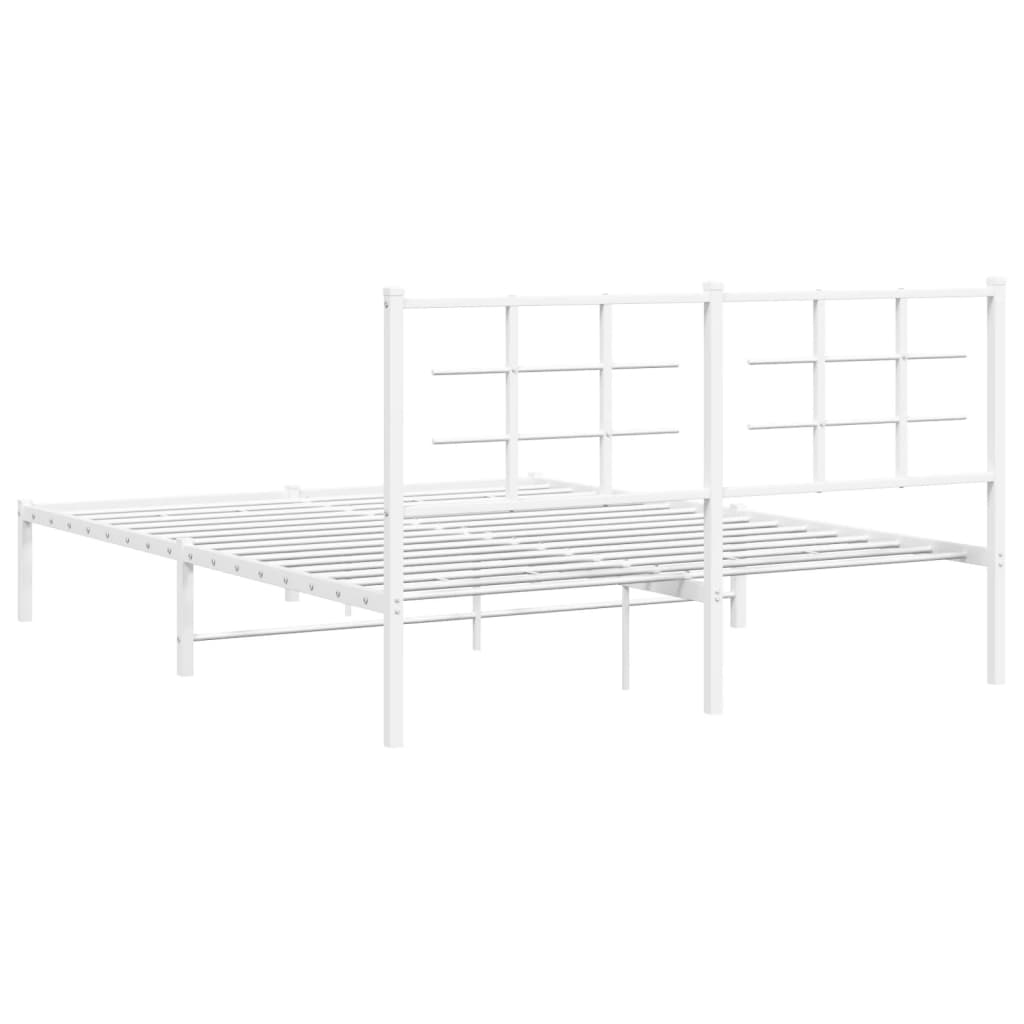 White metal twin bed frame with slatted platform and square headboard